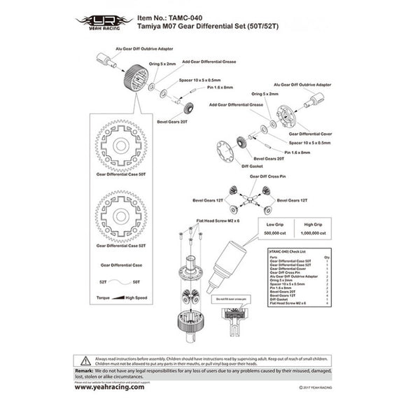 Yeah Racing 50T & 52T Gear Diff Tamiya TD4 M07 M08 XV-01 TA06 TAMC-040