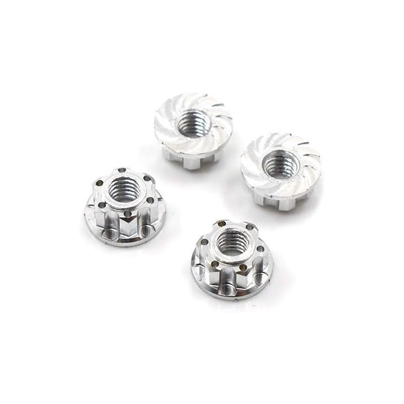 4MM ALUMINIUM WHEEL FLANGE SERRATED NUT 4PCS SILVER YA-0448SV